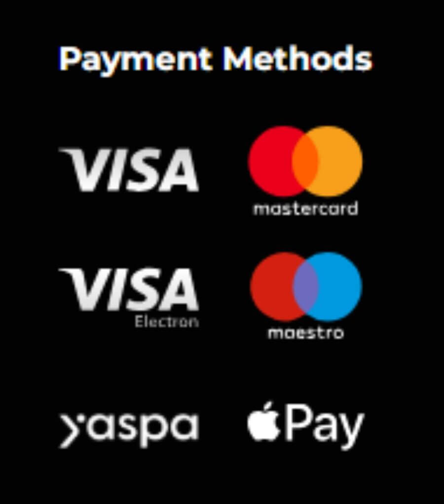A grid of accepted payment gateway logos displayed on a black background under the section heading "Payment Methods" on the PricedUp casino platform. The supported deposit and withdrawal methods feature Visa, Mastercard, Visa Electron, Maestro, open banking solution Yaspa, and mobile wallet Apple Pay. 