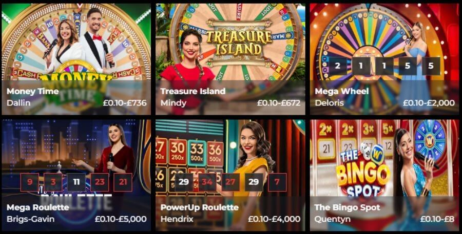 A six-tile live casino game dashboard showcasing premium game show lobbies on the PricedUp platform. Featured games include Pragmatic Play Live's Money Time presented by Dallin (£0.10–£736), Treasure Island hosted by Mindy (£0.10–£672), Mega Wheel featuring Deloris (£0.10–£2,000), Mega Roulette hosted by Brigs-Gavin (£0.10–£5,000), PowerUp Roulette presented by Hendrix (£0.10–£4,000), and The Bingo Spot presented by Quentyn (£0.10–£8)