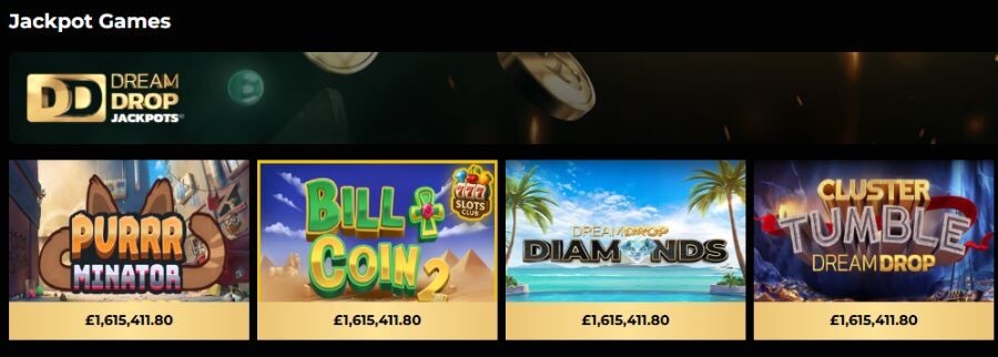An online slot game directory grid displaying the "Jackpot Games" section under Relax Gaming's Dream Drop Jackpots network banner on the PricedUp platform. The menu layout features four video slot selection cards, each tracking an identical live progressive prize counter of £1,615,411.80. The featured game titles include Purrr-Minator, Bill & Coin 2 (featuring a "Slots Club" 777 badge), Dream Drop Diamonds, and Cluster Tumble Dream Drop.