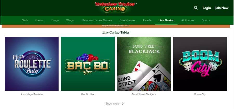 Live Casino games at Rainbow Riches Casino UK