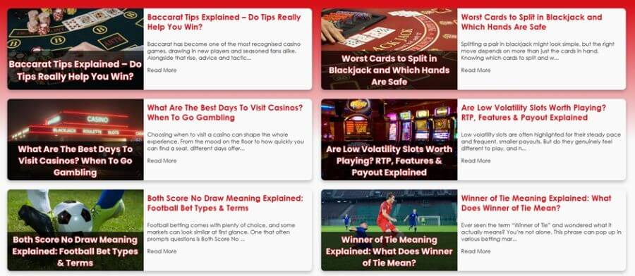 A grid of informative blog posts from Red Casino UK designed to help players understand betting mechanics and game strategies. Topics cover table game advice like Blackjack splitting rules and Baccarat tactics, alongside technical slot explanations regarding RTP and volatility. Sports betting guides clarify complex markets like "Winner of Tie" and "Both Score No Draw" for UK bettors.