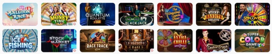 Red Casino UK live game show lobby featuring a selection of popular titles from Evolution and Playtech. The grid includes Balloon Race Live, Quantum Roulette x1000, The Greatest Cards Show, and Extra Chilli Epic Spins. Other featured games are Buffalo Blitz Live Slots, Big Bad Wolf Live, Jumanji The Bonus Level, and 7's Down Under. Thumbnails show professional live hosts and high-quality studio sets on a clean white interface.