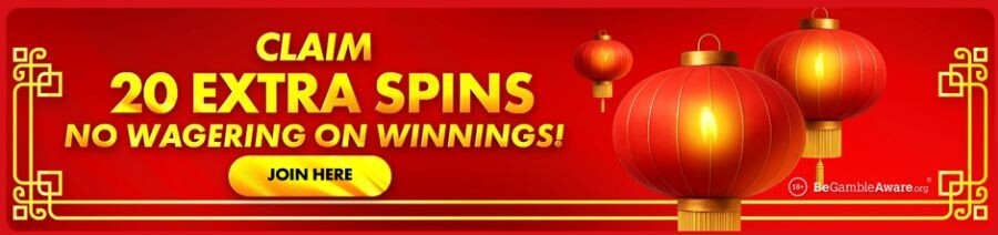 Red Casino UK welcome offer banner featuring 20 extra spins with no wagering requirements on winnings. The promotional graphic displays traditional red Chinese lanterns on a vibrant red background with a "Join Here" call to action. Includes the BeGambleAware logo and 18+ age restriction for UK compliance.