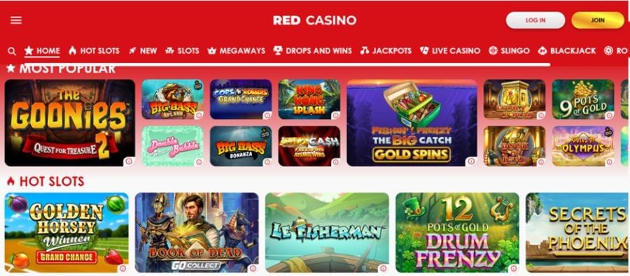 Desktop view of Red Casino UK highlighting top-tier slot providers. The interface features industry favorites like Play’n GO’s Book of Dead and NetEnt’s Starburst. The design uses a professional dark theme with red accents, emphasizing a "New Casino" status for the UK market. Includes a clear navigation sidebar for slots and casino table games.