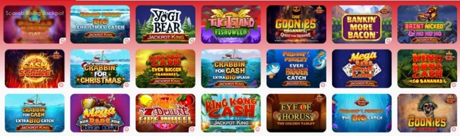 Red Casino UK library of Blueprint Gaming Jackpot King slots. Displaying a variety of high-volatility progressive jackpot games including Cash Strike, 7s Deluxe Fire Wheel, and Mega Bars Big Hit. The image showcases the diversity of the Jackpot King network with branded titles like The Goonies and King Kong Cash alongside classic fruit and fishing-themed slots