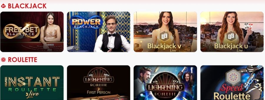 The live casino lobby at Red Casino UK, categorized by Blackjack and Roulette. Features diverse variants such as Free Bet Blackjack, Power Blackjack, Instant Roulette, and Speed Roulette.