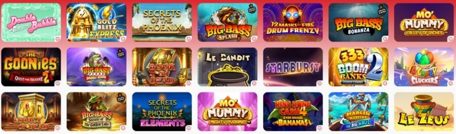 A comprehensive grid of popular online slots including The Goonies Megaways Quest for Treasure 2, Big Bass Splash, Starburst, and Book of Dead. The selection highlights diverse themes such as seasonal Christmas titles, classic fruit machines, and modern "Power Combo" mechanics like 333 Boom Banks