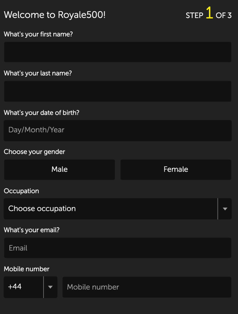 Registration Process, Royale500, UK Casino