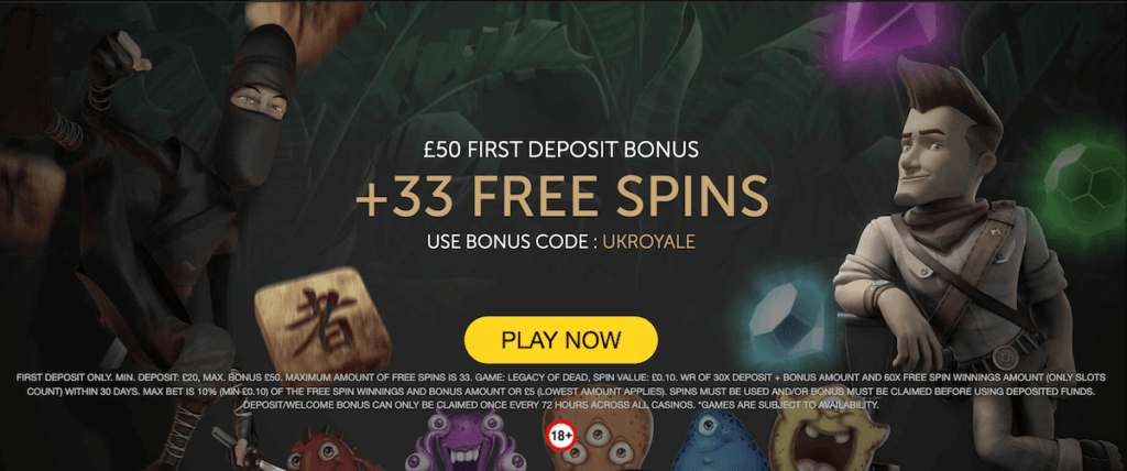Welcome bonus, free spins bonus, Royale500 Casino, UK