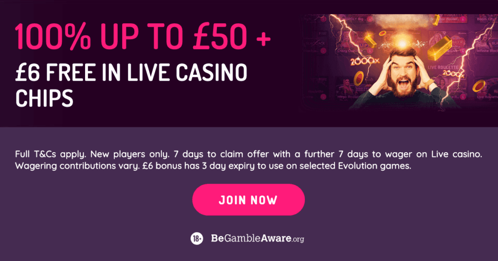 100% Deposit Match Up To £50 + £6 in Free Live Casino Chips - Pink Casino 
