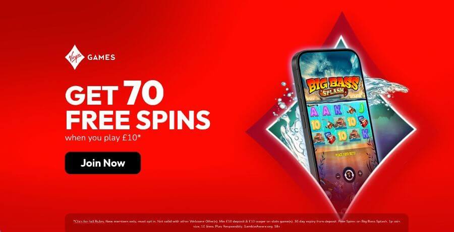 Promotional welcome bonus banner from Virgin Games featuring a bold red background. The text reads "GET 70 FREE SPINS when you play £10" next to a black "Join Now" call-to-action button. On the right, a smartphone displays the Big Bass Splash slot game by Pragmatic Play amidst a water splash graphic. This targets high-intent UK search terms for "Virgin Games promo codes," "play Big Bass Splash free spins," and "best UK casino welcome bonuses."