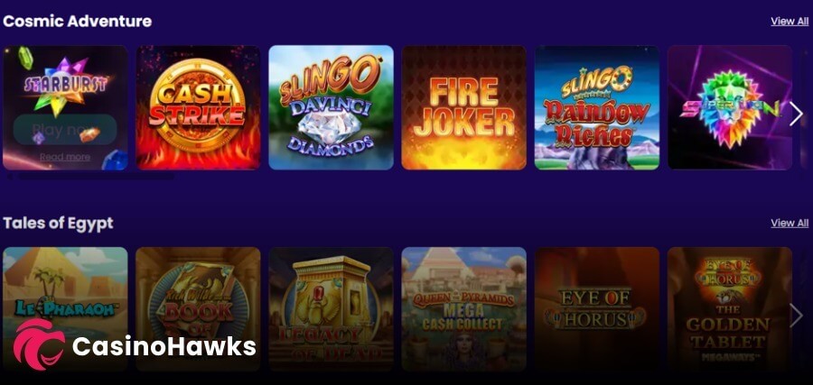 An online casino gaming lobby panel separating video slots into two horizontal categories over a deep indigo layout. The top row, titled "Cosmic Adventure," displays six game tiles: Starburst, Cash Strike, Slingo Da Vinci Diamonds, Fire Joker, Slingo Rainbow Riches, and Super Lion. The lower row, titled "Tales of Egypt," displays six themed game tiles: Le Pharaoh, Book of Dead, Legacy of Dead, Queen of the Pyramids Mega Cash Collect, Eye of Horus, and Eye of Horus The Golden Tablet Megaways. A pink and white "CasinoHawks" affiliate network watermark logo sits in the bottom left corner.