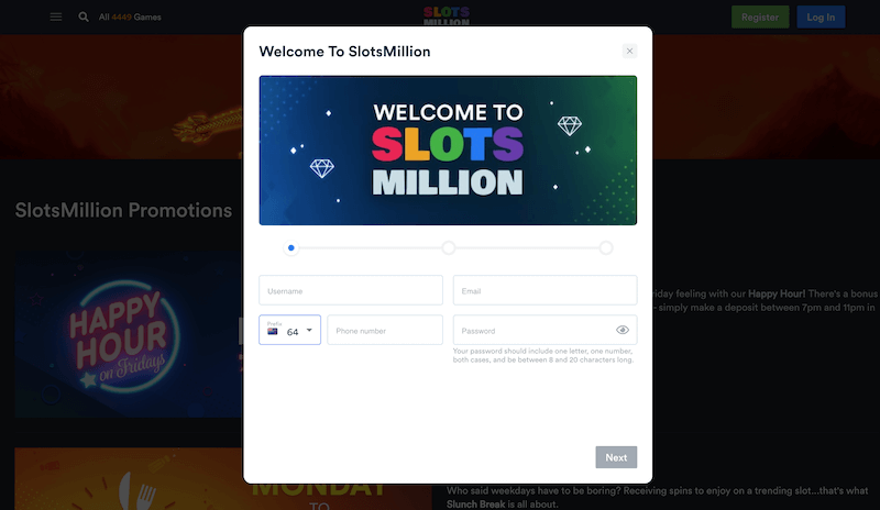 Slotsmillion - Register account