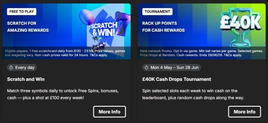 Two active marketing campaign modules side-by-side on an online casino promotion dashboard against a dark mode user interface. The left card outlines a "Scratch and Win" daily free-to-play game featuring cherries and lucky number 7 symbols. The right card highlights a "£40K Cash Drops Tournament" network event featuring a metallic green trophy graphic. This targets competitive UK user search strings for "best free scratchcards online real money," "online casino slot tournaments UK," and "play casino games with random cash drops."