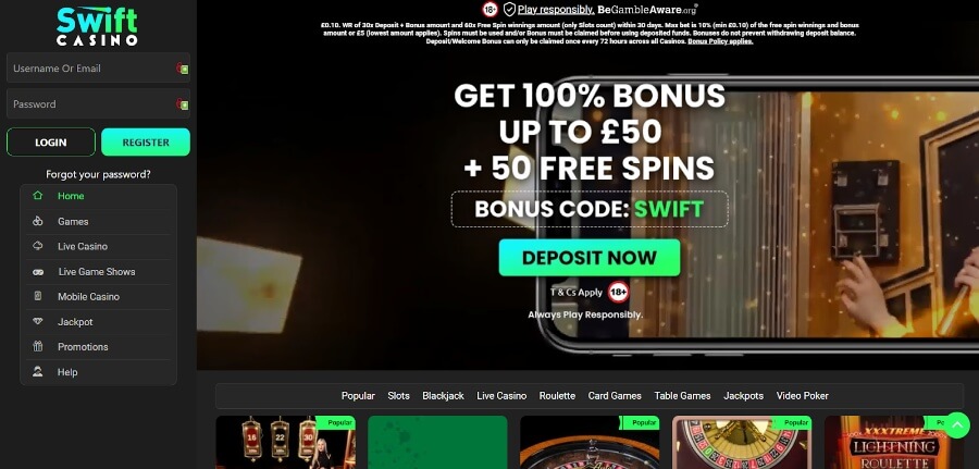 Swift Casino Welcome Bonus Offer