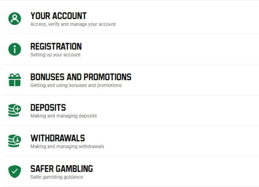 Customer support help directory on the Unibet platform displaying a clean, vertically stacked list of FAQ categories. The six main help navigation modules include Your Account (Access, verify and manage your account), Registration (Setting up your account), Bonuses and Promotions (Getting and using bonuses and promotions), Deposits (Making and managing deposits), Withdrawals (Making and managing withdrawals), and Safer Gambling (Safer gambling guidance). Each category is paired with a distinct green icon. This targets localized UK search queries for "Unibet customer service," "how to verify Unibet account," and "Unibet withdrawal times UK."