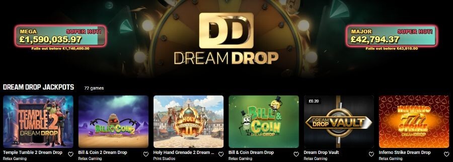 An online casino jackpot lobby section on the Unibet platform displaying a "DREAM DROP JACKPOTS" category filter showing 72 games. The prominent upper banner features live progressive ticker displays in British Pounds (£) for the "MEGA" pool at £1,590,035.97 and the "MAJOR" pool at £42,794.37. The underlying grid includes individual game tiles for Temple Tumble 2 Dream Drop, Bill & Coin 2 Dream Drop, Holy Hand Grenade 2 Dream Drop, Bill & Coin Dream Drop, Dream Drop Vault, and Inferno Strike Dream Drop. This targets search intent for "Unibet slot review UK," "play Relax Gaming Dream Drop online," and "best multimillion progressive jackpot slots."