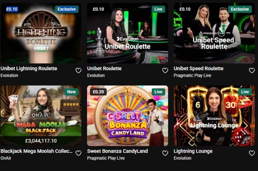 A six-tile live dealer game lobby grid on the Unibet Casino platform against a dark background. Featured game cards include Evolution's Unibet Lightning Roulette (showing 300x and 500x multipliers), Unibet Roulette (£0.10 min), Pragmatic Play's Unibet Speed Roulette (£0.10 min), OnAir's Blackjack Mega Moolah Collection (featuring a £3,044,117.10 progressive prize ticker), Pragmatic's Sweet Bonanza CandyLand (£0.20 min), and Evolution's Lightning Lounge. This targets commercial UK searches for "Unibet live casino review," "play Sweet Bonanza CandyLand real money," and "best high multiplier live roulette tables."
