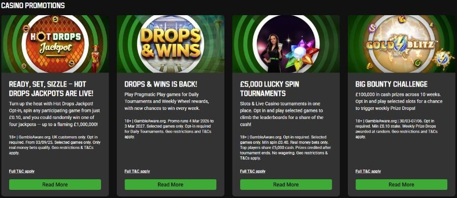 Grid layout of four online casino promotion cards on the Unibet platform. The offers include "Hot Drops Jackpot" with a £1,000,000 maximum pool, Pragmatic Play's "Drops & Wins" weekly network tournaments, "£5,000 Lucky Spin Tournaments" for slots and live casino, and the "Big Bounty Challenge" highlighting a £100,000 cash prize pool. This targets high-intent UK user search queries for "Unibet casino promo codes," "best Pragmatic Play Drops and Wins sites," and "real money casino slot tournaments UK."