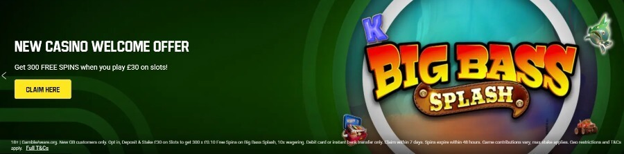 Unibet Casino UK promotional welcome offer banner set against a dark green branded background with concentric circle graphics. On the left, bold white typography reads "NEW CASINO WELCOME OFFER" above subtext stating "Get 300 FREE SPINS when you play £30 on slots!" positioned over a bright yellow "CLAIM HERE" button. The right side features a circular graphic showcasing the official title logo for Pragmatic Play's Big Bass Splash slot, framed by a tackle box, fish, monster truck, and playing card scatter symbols. Micro-print regulatory terms overlay the bottom specifying an 18+ new GB customer offer, 10x wagering requirement, £0.10 spin value, and 7-day claim window alongside BeGambleAware.org links.