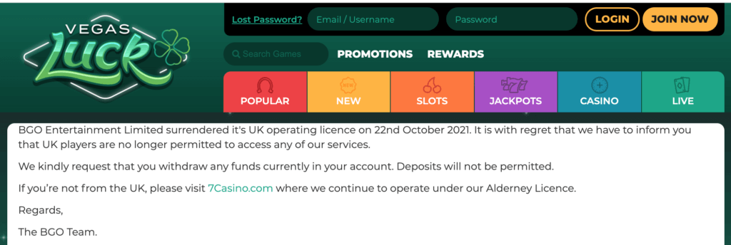 Vegas Luck Casino has shut its doors to UK players