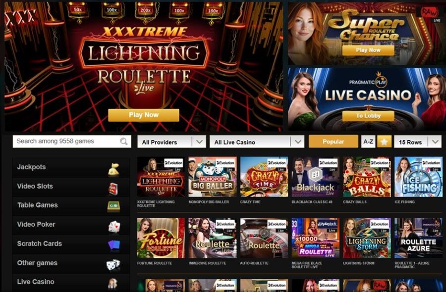 Videoslots UK live casino lobby