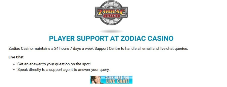 Zodiac Casino customer support service banner featuring text options for 24/7 Live Chat and Email Support. The graphic shows a professional customer service agent wearing a telephone headset next to an overlay message reading "Help is available 24 hours a day, 7 days a week." This targets search intent for "Zodiac Casino live chat UK," "Zodiac Casino customer services contact," and "safe online gambling support."