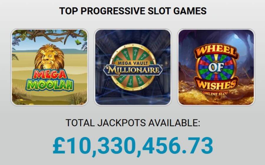 Zodiac Casino promotional banner for top progressive slot games featuring Mega Moolah, Mega Vault Millionaire, and Wheel of Wishes. Below the game thumbnails, a large blue live tracker displays "Total Jackpots Available: £10,330,456.73". This targets high-volume UK search intent for "play Mega Moolah online," "Wheel of Wishes slot review," and "highest paying progressive jackpots."