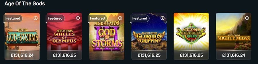 Playtech's Age of the Gods progressive jackpot slots featured on a UK online casino. The grid highlights a shared live jackpot prize of £131,616.25 across popular titles including God of Storms, God of Storms 2, Wheels of Olympus, Glorious Griffin, Hercules Rules, and Mighty Midas.