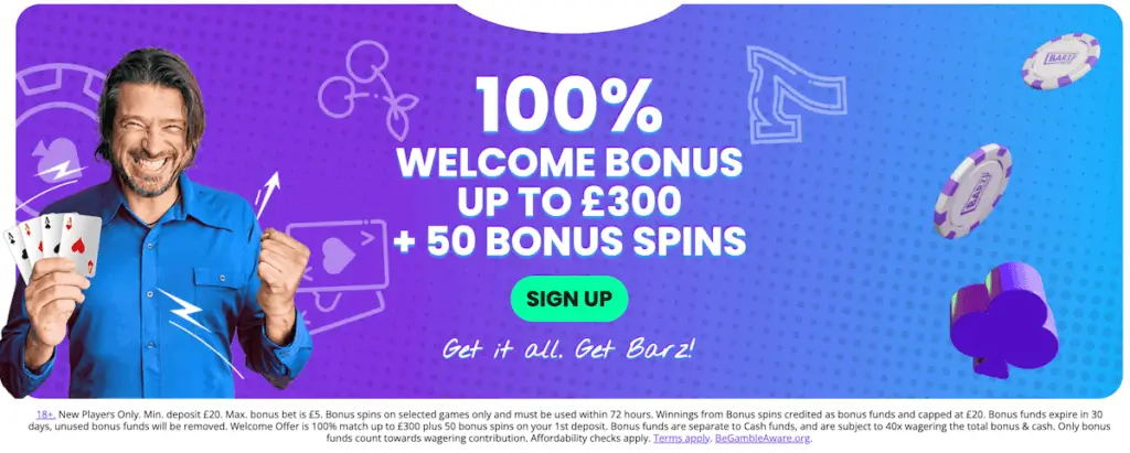 Barz Casino welcome bonus banner