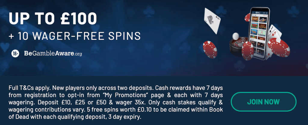Bet UK welcome offer = £100 + 10 wager-free spins