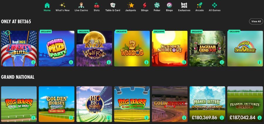 bet365 UK casino lobby featuring 'Only at bet365' exclusive slots like Liberty Blitz and Sundown Shootout. The lower section showcases the 'Grand National' category with horse racing-themed games and Frankie Dettori progressive jackpots displayed in GBP