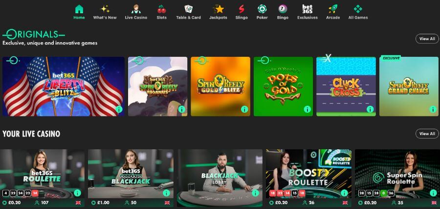The bet365 UK Originals section featuring unique titles like Spin O'Reely’s Pots of Gold, followed by the 'Your Live Casino' row. The interface shows live roulette and blackjack tables with real-time player counts and minimum stakes starting at £0.20