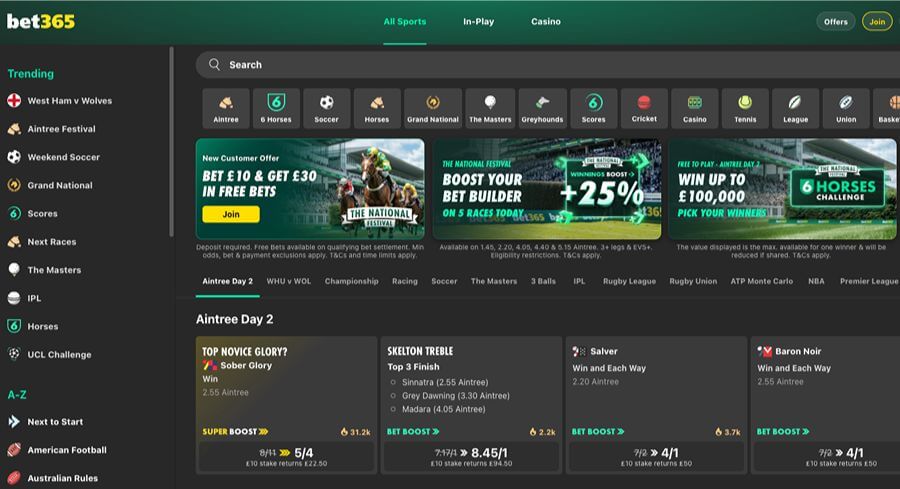 The bet365 UK sports betting lobby featuring the 'Bet £10 & Get £30 in Free Bets' new customer offer. The interface displays trending markets for the Aintree Festival, Grand National, and Premier League football, including Super Boosts and Bet Builders