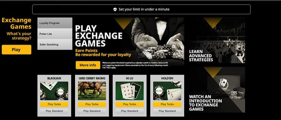 Betfair Exchange Games UK dashboard featuring the "Play Exchange Games" loyalty program. The banner highlights "Earn Points" and "Be rewarded for your loyalty" alongside a "More Info" button. Displayed games include Blackjack, Card Derby Racing, Hi Lo, and Hold'em, with "Play Turbo" and "Play Standard" options. Includes sections for learning advanced strategies and an introduction to exchange betting.