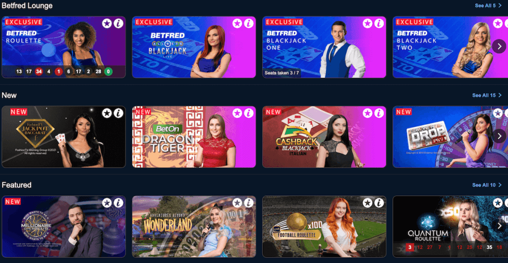 Classic and Unique live dealer games at BetFred casino