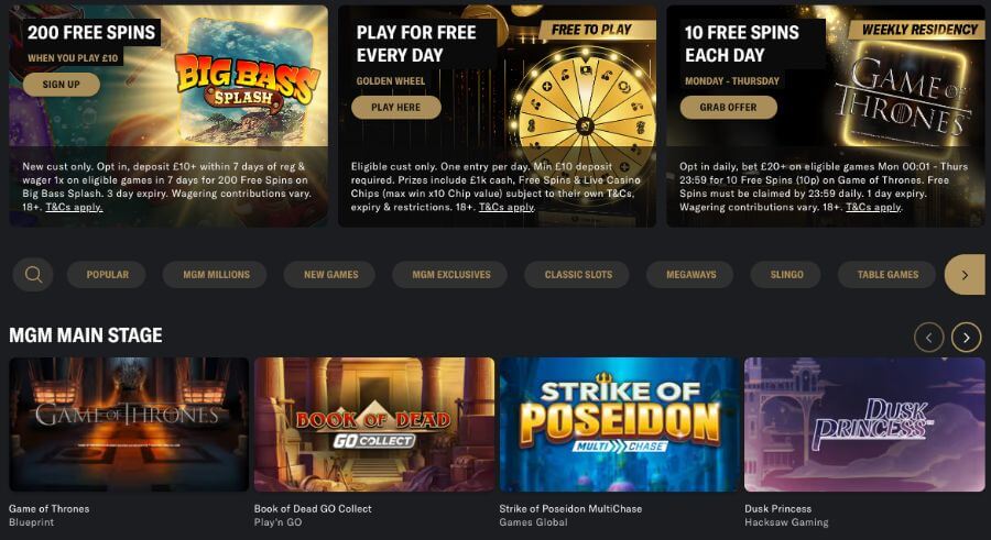 BetMGM UK promotions including a welcome offer of 200 free spins on Big Bass Splash, daily free-to-play Golden Wheel, and weekly residency rewards. The MGM Main Stage lobby features slots like Game of Thrones and Book of Dead for UK players