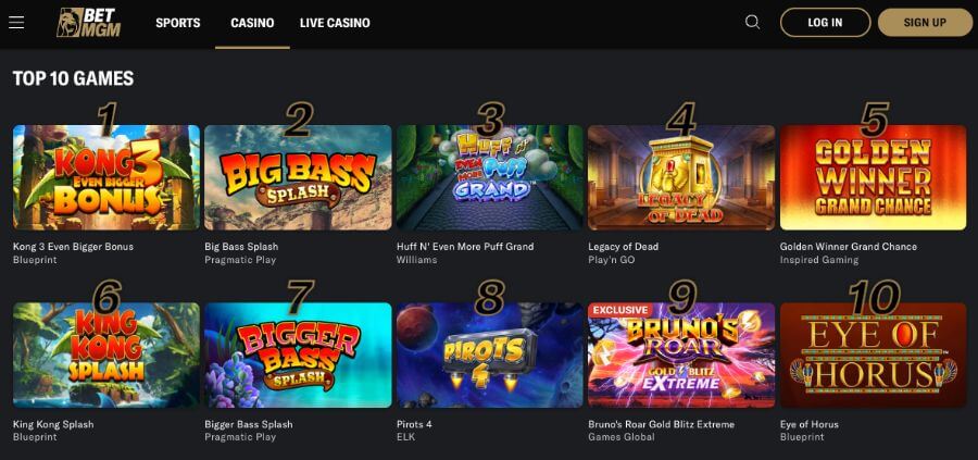 Top 10 most popular slots at BetMGM UK featuring Kong 3 Even Bigger Bonus, Big Bass Splash, and Legacy of Dead. The BetMGM casino lobby displays trending real money games from Blueprint and Pragmatic Play for UK players