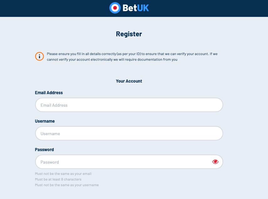 Bet UK new account registration 1