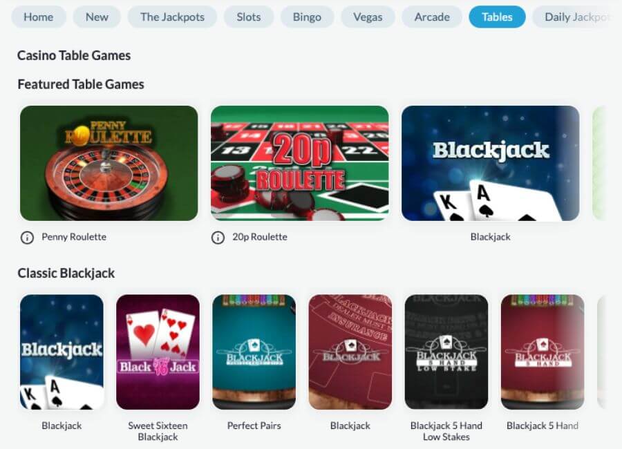 BetVictor Casino table games section with Penny Roulette, 20p Roulette, and several Classic Blackjack variations.