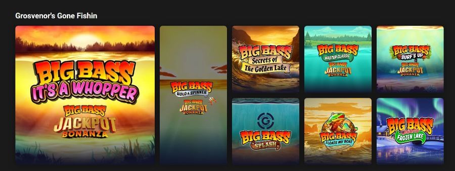 Selection of Big Bass online slot games at Grosvenor Casino, including Big Bass Splash and Jackpot Bonanza.