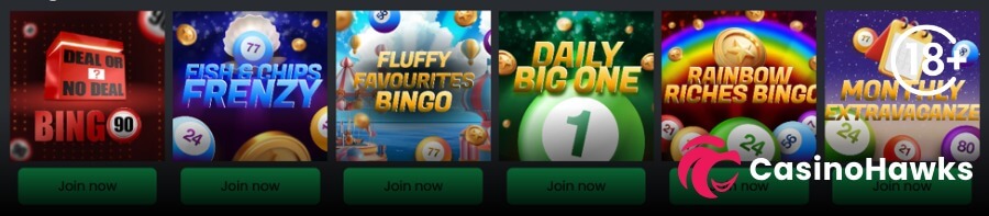 A horizontal row displaying six online bingo room thumbnails with green "Join now" buttons on a dark lobby background. From left to right, the tiles show Deal or No Deal Bingo 90, Fish & Chips Frenzy, Eyecon's Fluffy Favourites Bingo, Daily Big One, Light & Wonder's Rainbow Riches Bingo, and Monthly Extravaganza. An 18+ age restriction badge sits in the top right corner, and the Casino Hawks pink lion logo overlays the bottom right corner.