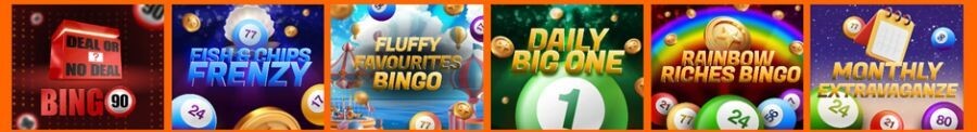 Grid of real money online bingo rooms for the UK market, featuring Deal or No Deal Bingo 90, Fish & Chips Frenzy, Fluffy Favourites Bingo, Daily Big One, Rainbow Riches Bingo, and Monthly Extravagance. This targets search intent for "best branded bingo rooms UK," "Deal or No Deal 90 ball bingo," and "play Rainbow Riches bingo online."