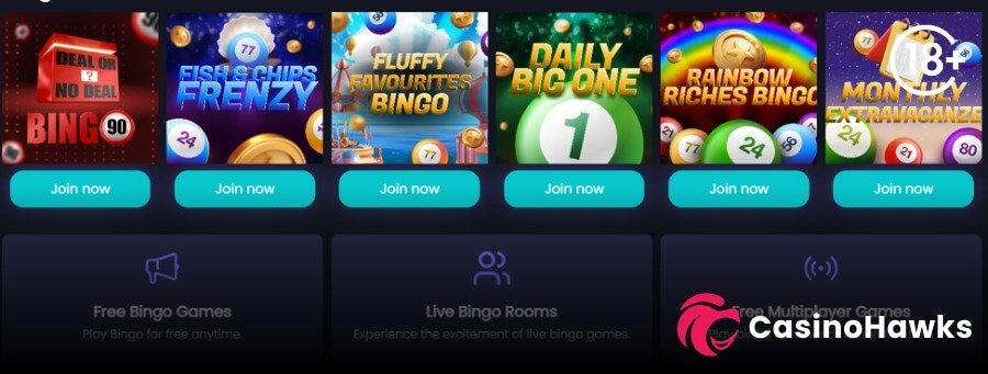 A horizontal online bingo lobby grid featuring six bingo room cards set above three feature boxes on a dark background. Top row room tiles display Deal or No Deal Bingo 90 with a red box, Fish & Chips Frenzy, Fluffy Favourites Bingo, Daily Big One, Rainbow Riches Bingo with a rainbow arc, and Monthly Extravaganza, each above a bright teal "Join now" button. The bottom section highlights feature categories for Free Bingo Games (megaphone icon), Live Bingo Rooms (community icon), and Free Multiplayer Games (live stream icon). An 18+ age restriction badge sits in the top right corner, and the Casino Hawks pink lion co-branding logo rests in the bottom right corner.