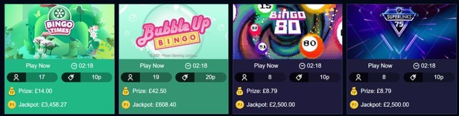A selection of online bingo rooms for the UK market, featuring Bingo Times, Bubble Up Bingo, Bingo 80, and Superlinks 75. The interface displays real-time game data including ticket prices starting from 10p, player counts, prize pools, and progressive jackpots up to £3,458.27. This layout targets search intent for "best UK bingo rooms" and "low stake online bingo."