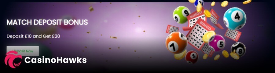 An online casino match deposit bonus banner advertising a registration incentive against a deep purple background with floating gold confetti. On the left, white text reads "MATCH DEPOSIT BONUS - Deposit £10 and Get £20" positioned above a green "Deposit Now" call-to-action button. The right side features a vibrant cluster of floating, numbered 3D bingo balls in orange, light blue, red, and purple, interspersed with red red-and-white "BINGO" ticket cards and falling gold coins. A white "CasinoHawks" affiliate watermark logo is visible in the bottom-left corner.
