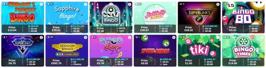 An online bingo lobby games directory featuring a grid of twelve distinct bingo room cards. Prominent game rooms include Fishin' Frenzy Bingo, Sapphire Bingo, Snap Bingo, Bubble Up Bingo, Superlinks, Bingo 80, Superlinks 75, Session Bingo, Bingo Lounge, Speed Bingo, Tiki Bingo, and Bingo Times. Each individual card lists real-time prize pools alongside dynamic cost-per-ticket metrics. This targets high-intent commercial UK search terms for "best online bingo sites UK," "play 75 ball Superlinks bingo," and "real money Fishin Frenzy bingo rooms."