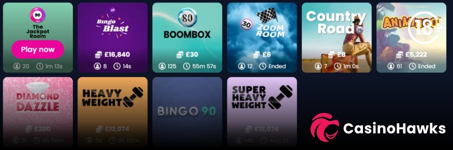 A 2x6 online bingo lobby grid displaying ten room tiles on a dark interface. Top row features The Jackpot Room (90-ball) with a pink "Play now" button, Bingo Blast showing a £16,840 prize pool, Boombox (80-ball), Zoom Room (30-ball speed bingo), Country Road (75-ball), and Animingo showing a £5,222 prize pool beneath an 18+ age restriction badge. Bottom row displays Diamond Dazzle, Heavyweight showing a £12,074 jackpot, Bingo 90, and Super Heavyweight, with the Casino Hawks pink lion co-branding logo in the bottom right corner.