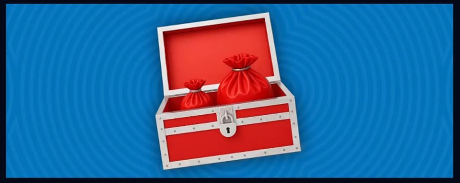 An open red treasure chest with silver trim and a padlock, containing two red money bags. The 3D illustration is set against a blue concentric circle pattern background, commonly used to represent casino rewards, exclusive bonuses, or promotional prizes for UK affiliate marketing sites.