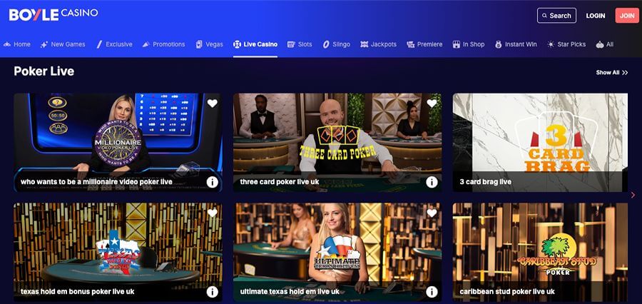 Boyle Casino UK Live Poker section featuring real-money tables like Three Card Poker, Texas Hold'em Bonus, and Who Wants To Be A Millionaire Video Poker Live. The interface shows professional live dealers for the UK market